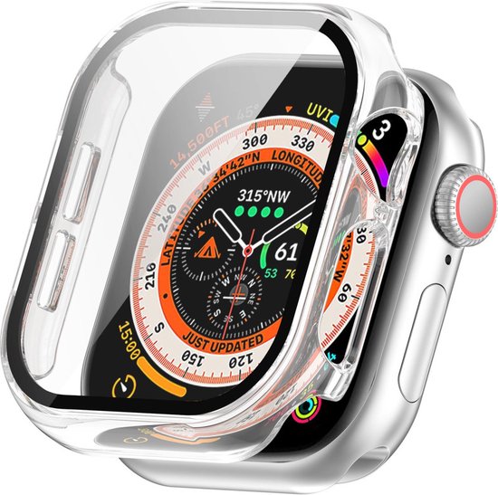 Transparante smartwatch case met gehard glas over een zilverkleurige Apple Watch. De watch face toont een kompas.