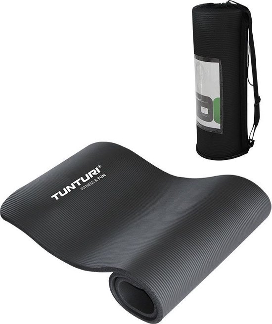 Tunturi NBR Yogamat met Draagtas - Fitnessmat Extra dik & zacht - Sportmat - Anti slip - 180x60x1.5cm - Incl Trainingsapp - Zwart