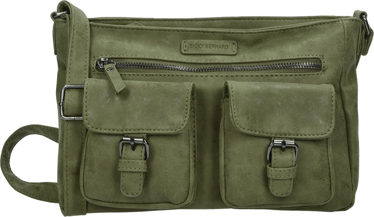 Dames Schoudertas Olijf - -Stoere Tas met Dubbele Ritssluiting & Magneetsluiting - Voorvakjes & Ruim Hoofdvak