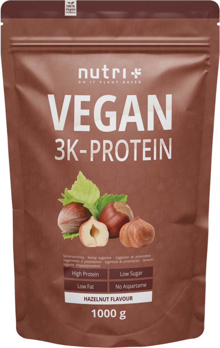 Goedkoopste nutri Vegan 3K Protein - Eiwitpoeder Hazelnut - Veganistisch proteïne poeder - met proteïnen uit soja, erwten en zonnebloem - lactosevrij en glutenvrij - 1000 g