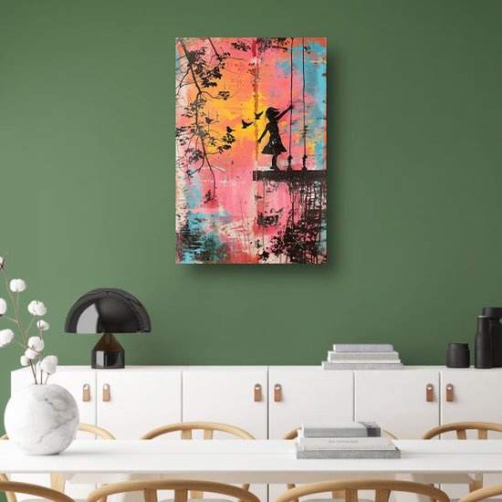 Tableaux style Banksy - Tableau Fille aux oiseaux - Décoration murale street art - Décoration murale colorée - Peintures sur toile - Peintures toile 40x60 cm