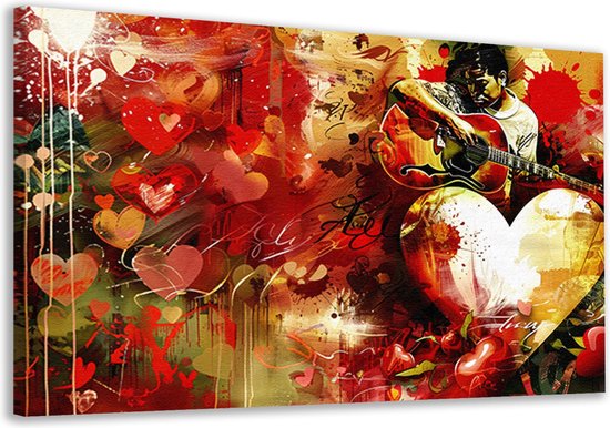 Gitaar wanddecoratie - Muziekinstrument schilderij - Canvas schilderij Harten - Klassieke schilderijen - Schilderijen op canvas - Kantoor decoratie canvas 70x50 cm