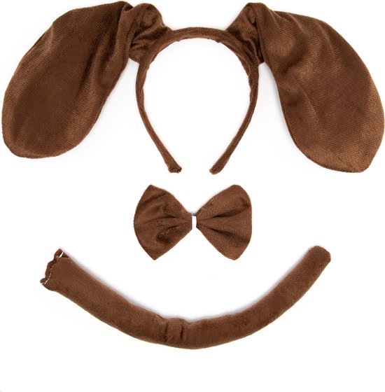KIMU® Hond Konijn Haarband Oren, Strik, & Staart Diadeem Set - Bruin Donkerbruin Hondenpak Dierenpak Oortjes Pak - Staartje Strikje Puppy Flaporen Festival