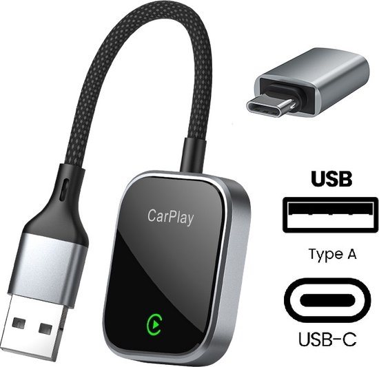 Provium Carplay Dongle - voor Apple Carplay - Draadloos - Draadloze verbinding - alleen voor Apple Carplay voor iPhone - USB en USB-C - zwart