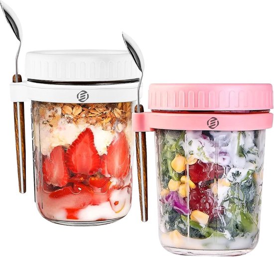 Jogoico 2 Bocaux Overnight Oats En Verre - 350ml Avec Couvercle Et Cuillère, Gris