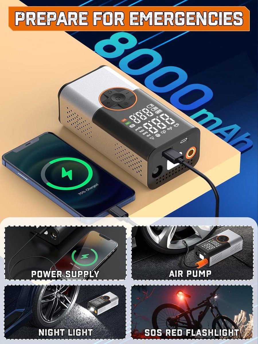 HOTO Elektrische luchtpomp, 150 psi accu, mini-compressor met 2500 mAh accu, oplaadbare fietspomp, elektrisch met digitaal display, ledlicht, 5 modi, voor auto, motorfiets, ballen