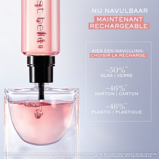 Navulbaar Lancôme La Vie est Belle parfumflesje wordt gevuld. 'Nu navulbaar' in roze tekst.