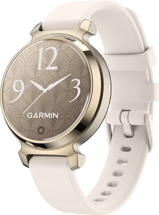 Gouden Garmin Lily 2 horloge met crème siliconen bandje.