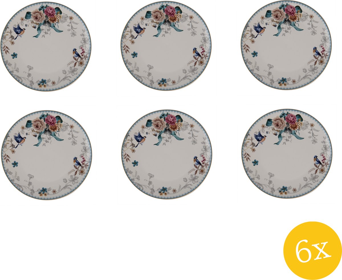 Clayre & Eef Dinerbord set van 6 stuks Ø 26 cm Wit Roze Porselein Rond Bloemen Eetbord