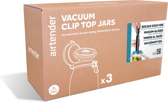 Set de Bocaux à conserves sous vide Kilner ® & Airtender – 1,0 L – 3 pièces avec pompe à vide – Conserve la fraîcheur 5 fois plus longtemps, fermentation et conservation plus rapides