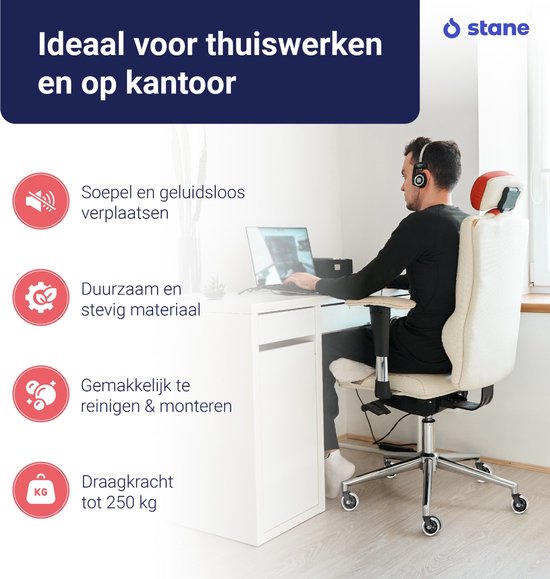 Stane wieltjes ideaal voor thuiswerken en kantoor: soepel en geluidloos, duurzaam, makkelijk te reinigen & monteren, draagkracht tot 250 kg.