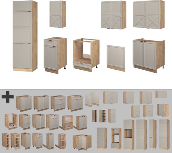 Vicco Fame- Line Meuble de cuisine complet – 300 cm, évier Grijs anthracite/beige/chêne doré