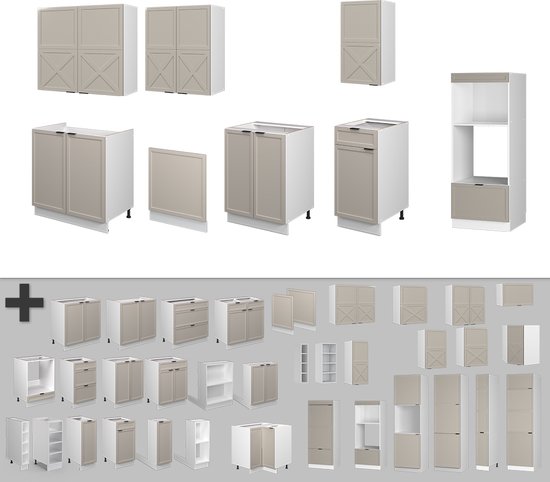 Vicco Fame- Line Cuisine complète – 300 cm avec armoire haute, sans plan de travail Grijs/beige/blanc