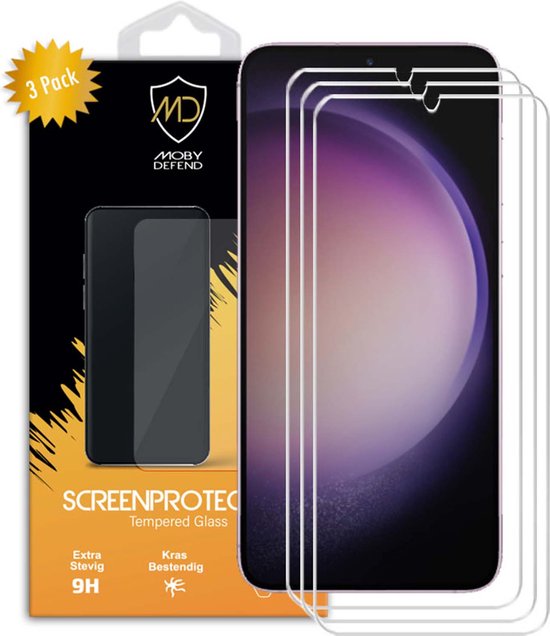 MobyDefend verpakking met 3 screenprotectors van gehard glas, '3 Pack' ster en een voorbeeld van een telefoon.