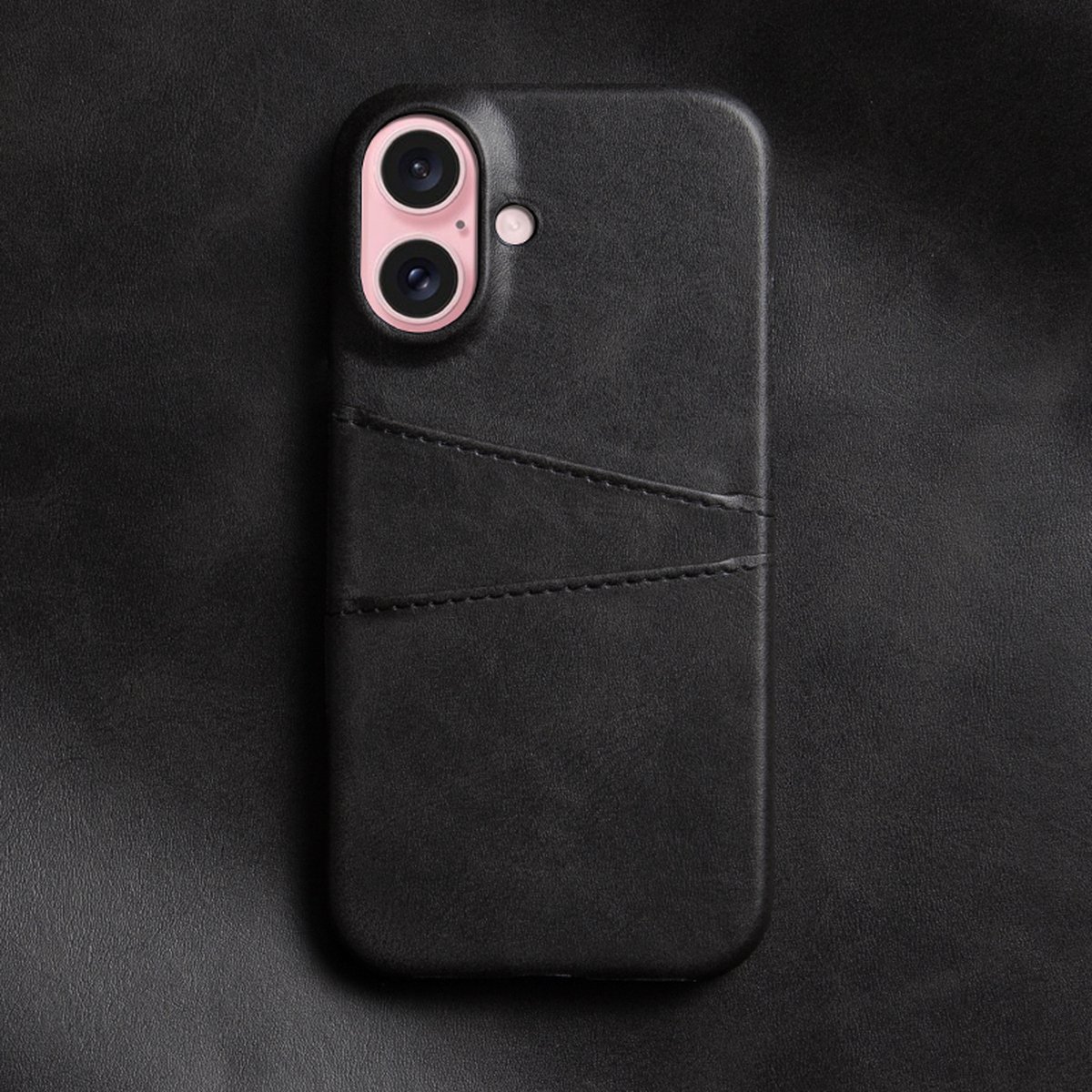 MobyDefend Hoesje - Geschikt voor iPhone 16 - Lederen Backcover Met Vakjes Pasjes - Zwart
