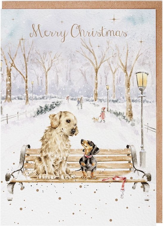 Kerstkaart met 'Merry Christmas' en een Golden Retriever en teckel op een bankje in een besneeuwd park. Gesigneerd door Hannah Dale.