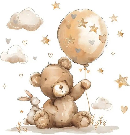 Muursticker 'Teddybeer met Ballon' - Zelfklevend PVC - 40x60cm - Teddy Beer - Sterren - Bruin - Beige - Babykamer - Kinderkamer
