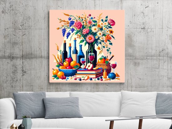 Pixel art stilleven schilderij | Digitale meesterwerk: Verfijnd stilleven van pixels en kunstwerkenceffect | Kunst - 60x60 centimeter op Dibond | Foto op Dibond