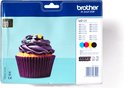 Brother LC123 inktcartridges: cyaan, magenta, geel en zwart. De verpakking toont een cupcake met paarse botercrème en gekleurde hagelslag.