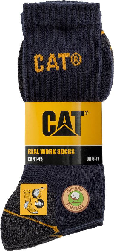Verpakking van CAT werksokken in donkerblauw met gele opdruk, 'Real Work Socks' tekst en maatindicatie.
