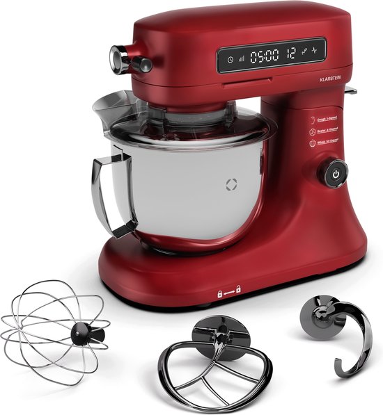 Klarstein Chiara Keukenmachine - 1600W - 5 Liter Roestvrijstalen kom - 12 Snelheden - LCD Touch Display - ≤72 dB - Vaatwasmachinebestendige patisserie set - Gegoten aluminium behuizing - Rood van Klarstein — afbeelding 5