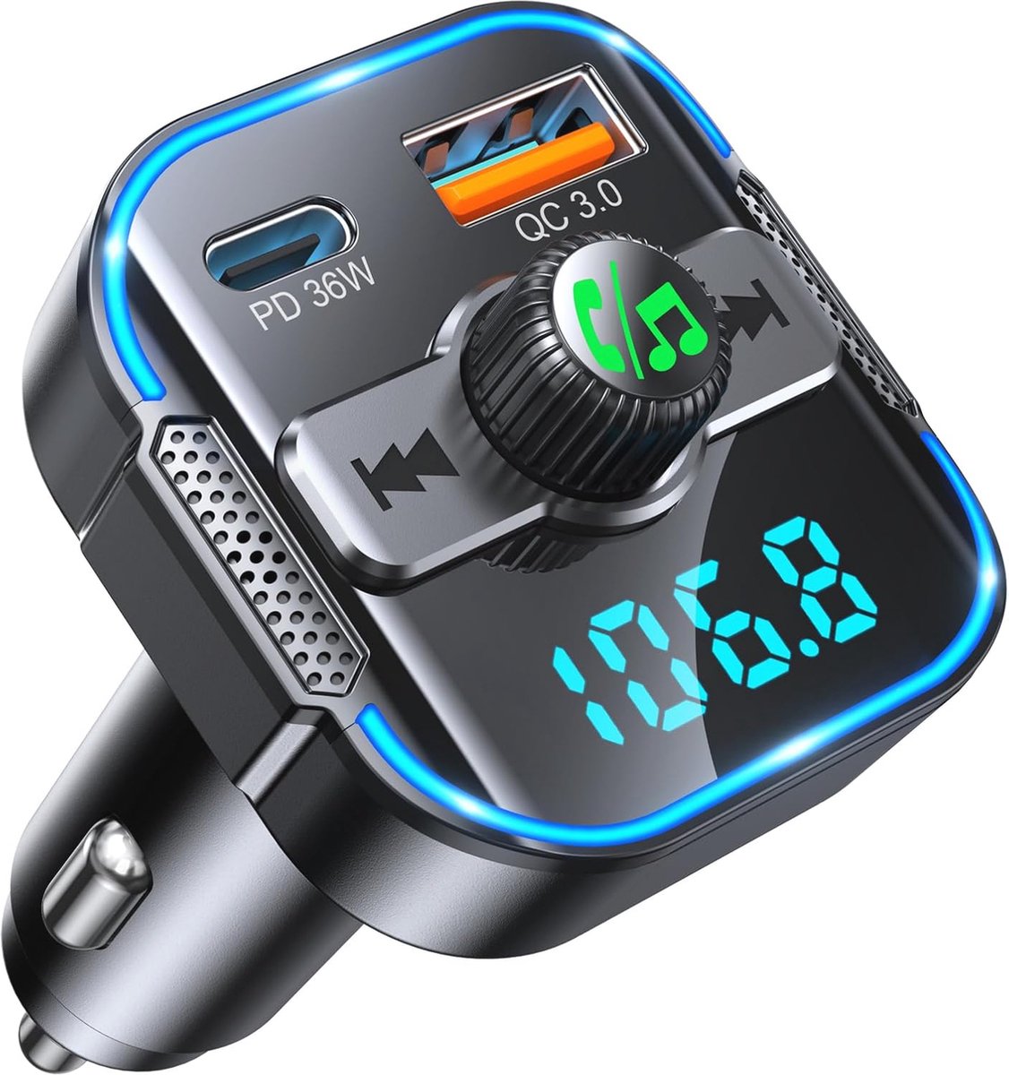 Bluetooth FM-zender voor Auto met Snellader, Dubbele Microfoons en Handsfree Oproepen
