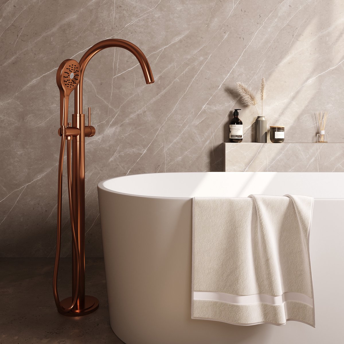 Copper Carving vrijstaande badkraan SET 02 met handdouche en doucheslang