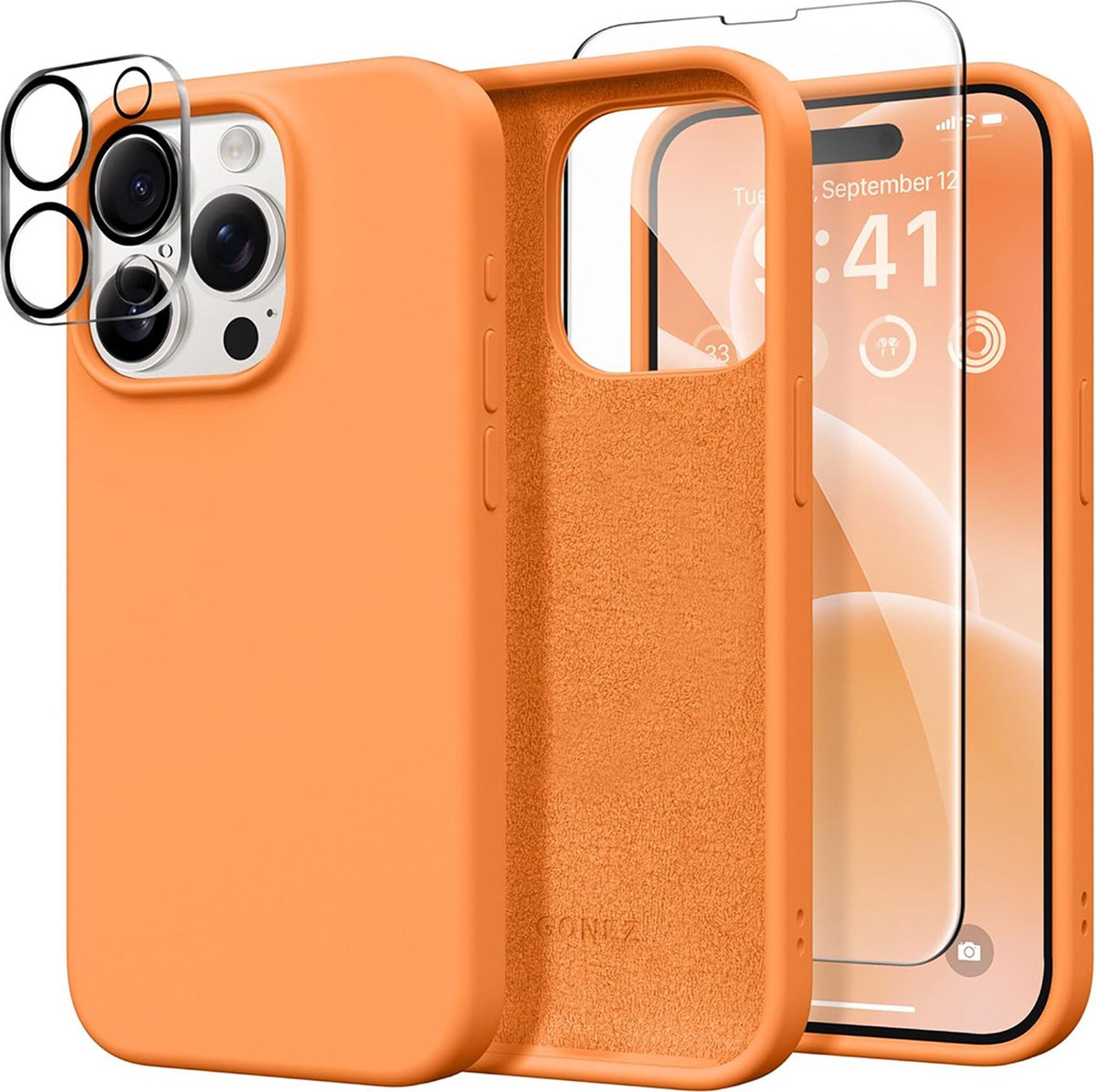 Stravo Siliconen Hoesje geschikt voor iPhone 14 Pro Max , Oranje, Met 1X Screenprotector + 1X Cameralensbeschermer, [Zachte Krasbestendige Microvezelvoering], Vloeibare Siliconen Schokbestendige Beschermende Telefoonhoes 6.7"