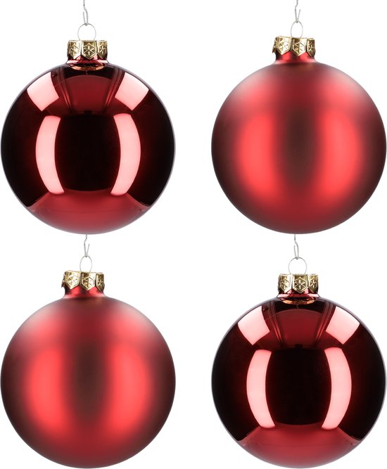 Boules de Noël en Verres - Décoration de Noël - Décorations de Noël - 100mm - Combi Rouge Foncé - Balles de verre pour le sapin de Noël ! - 4 pièces