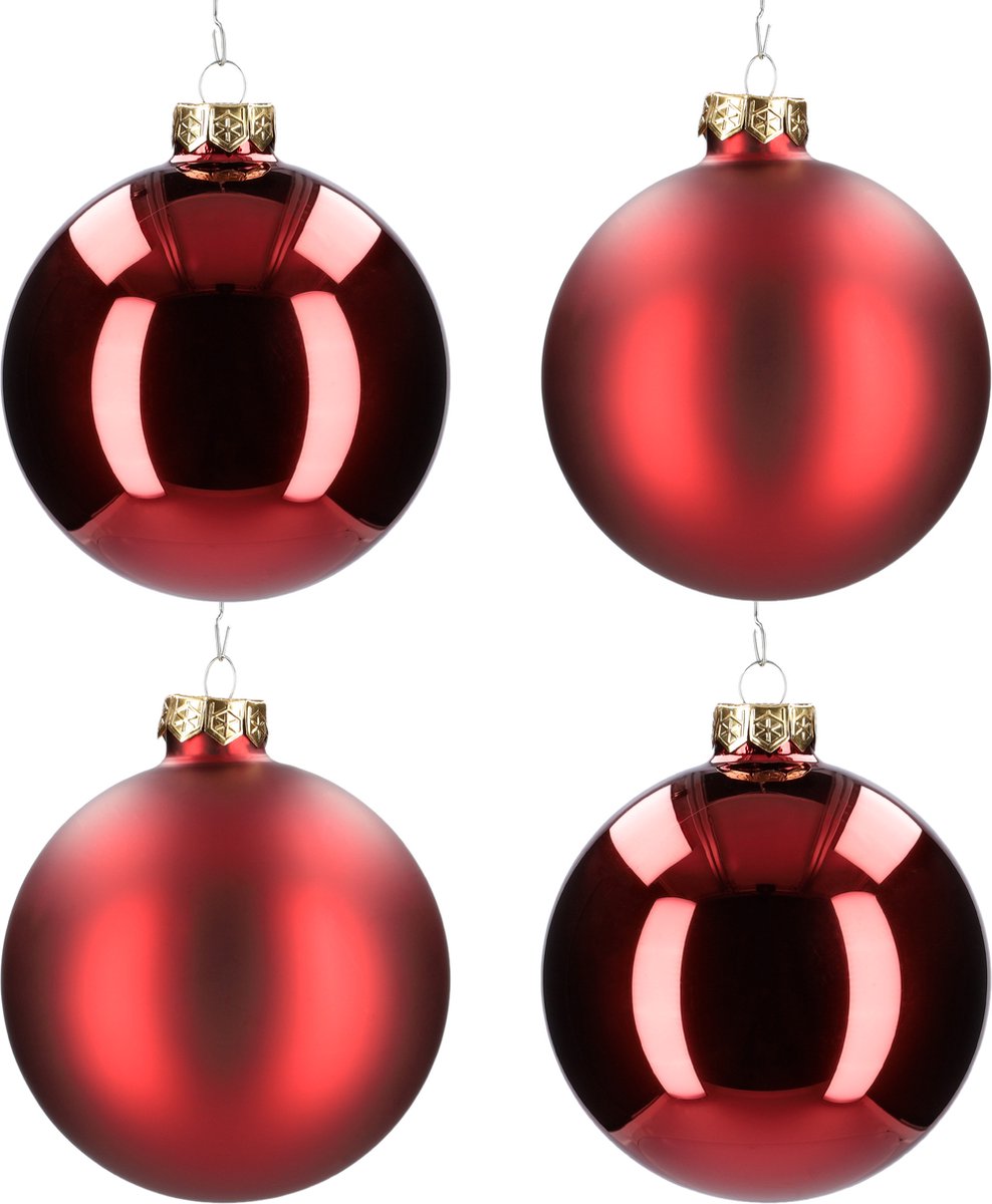 Glazen kerstballen - Set van 4 stuks/100mm - Luxe kerst decoratie - Sfeervolle kerstversiering voor in de kerstboom - Glas - Dark Red Combi - Donkerrood