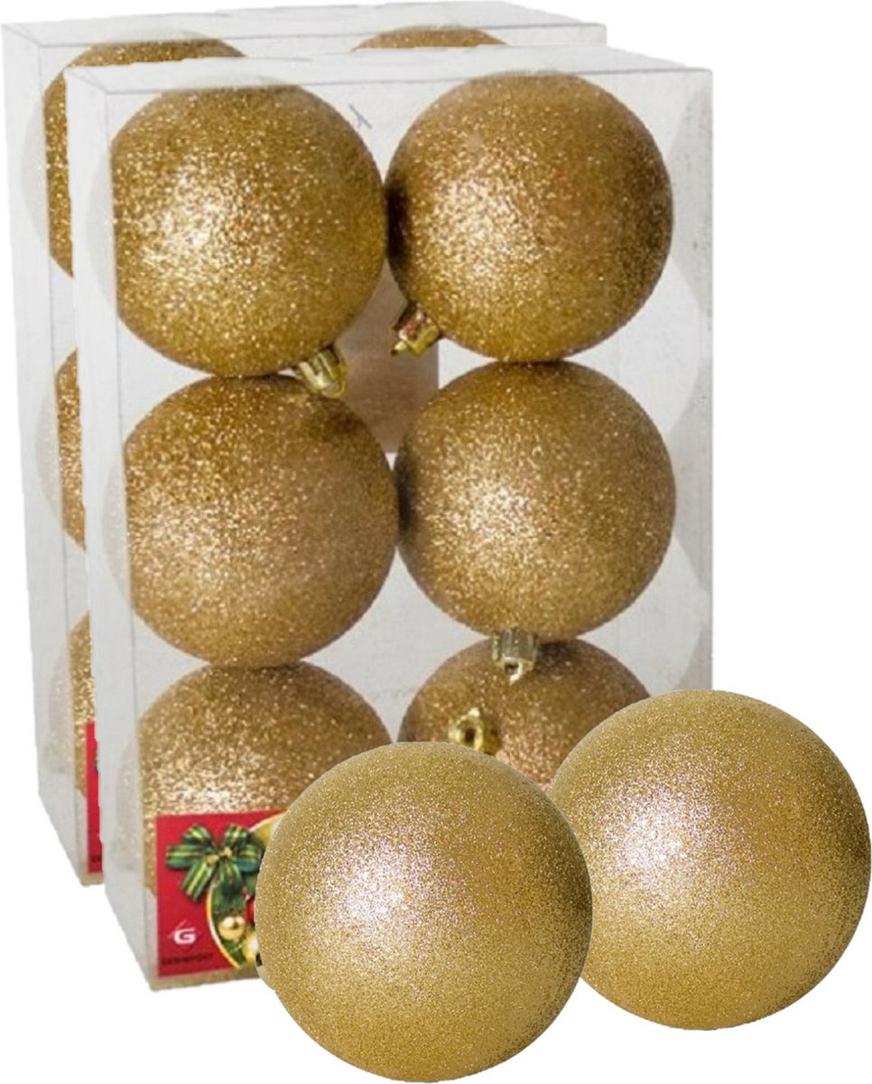 Kerstballen set van 12 gouden kunststof ballen met glitters, elk 8 cm diameter. Perfect voor kerstboom versiering.