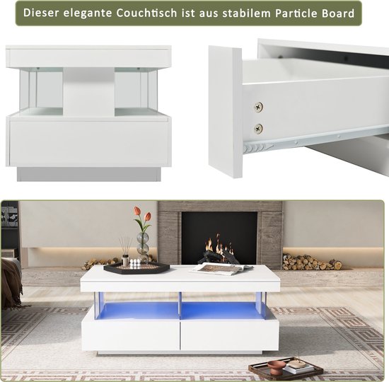 Glanzend witte salontafel met aangesloten ledverlichting en slimme