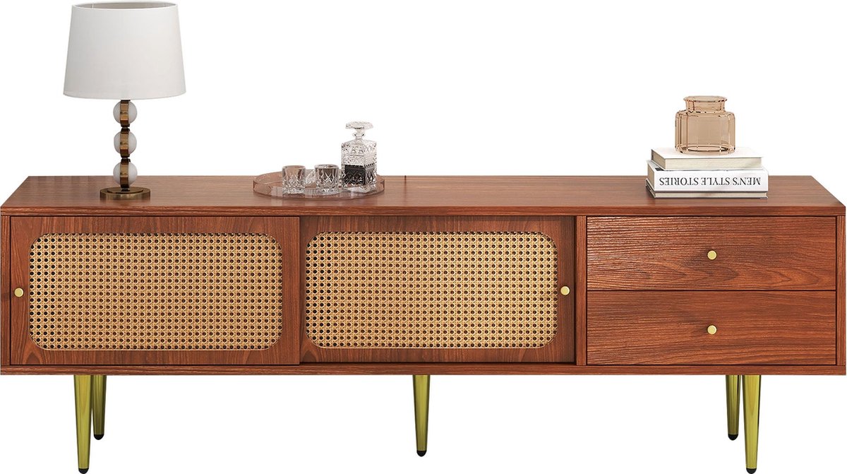 Merax TV Meubel met Rattan Schuifdeuren en 2 Lades – Houten TV Kast in Walnoot Bruin met Gouden Poten – TV’s tot 70 inch – 160x40x60 cm