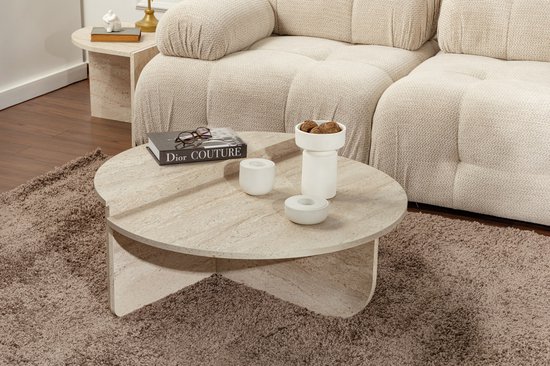 Set de 2 tables basses - Effet travertin beige - ALOEVA L 90 cm x H 30 cm x P 60 cm