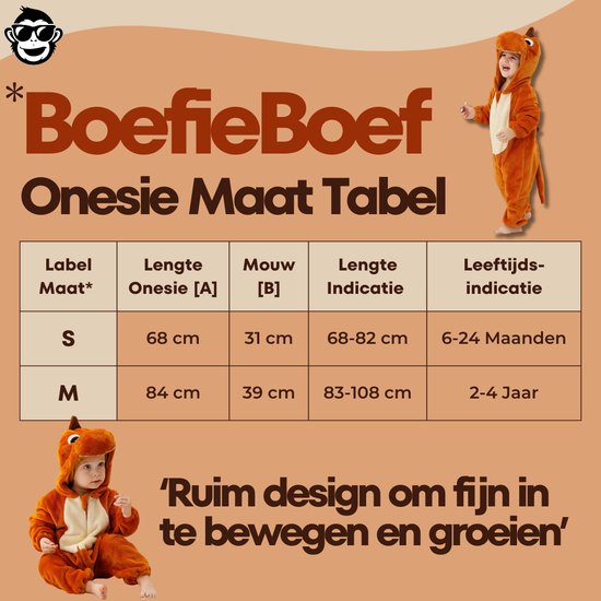 Maattabel voor bruine dinosaurus onesie, met kind in onesie.