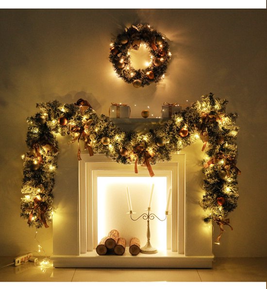 Kerstslinger van 2,7 m met led-verlichting, kunst-rotan kerstkrans om aan de voordeur op te hangen, slingerversiering voor open haarden of trappenhuis, kerstdecoratie (zilverkleurig