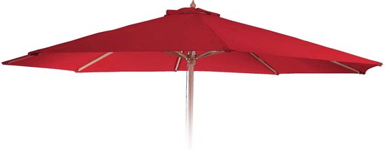Rode parasol met 8 baleinen, geopend op een witte achtergrond.