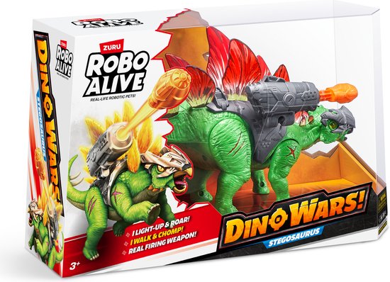 Verpakking van de Robo Alive Dino Wars Stegosaurus speelgoed dinosaurus met de dinosaurus in actie.