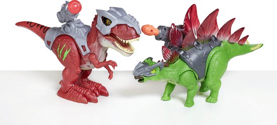 Twee speelgoed dinosaurussen, een rode T-Rex en een groene Stegosaurus, staan tegenover elkaar.
