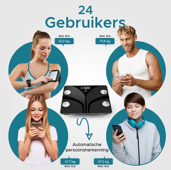 e.volve S5 Weegschaal Personenweegschaal Digitaal - Slimme Weegschaal met 20x Lichaamsanalyse - Digitale Weegschaal - Incl. App - Zwart