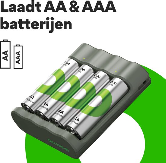 Een donkergrijze batterijlader met vier AA-batterijen. Naast de lader staan pictogrammen van AA- en AAA-batterijen.