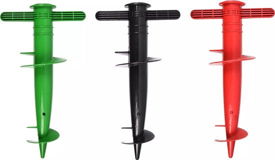 Vier parasolhouders: groen, zwart, rood en blauw, met schroefdraad en handvat.