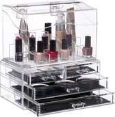 Relaxdays make-up organizer - acrylbox met deksel - 18 vakken - 4 lades - opbergdoos - doorzichtig