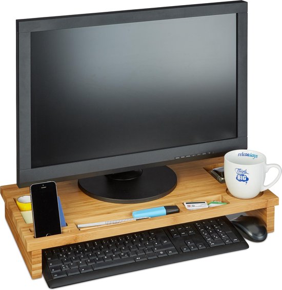 relaxdays Monitorstandaard - monitorverhoger - bamboe