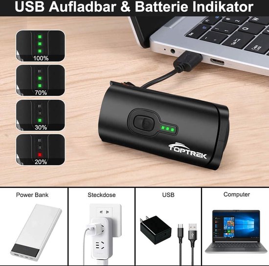 TopTrek Fietsverlichtingsset 70/30 lux - LED-lichtstanden - IPX5 waterdicht - USB oplaadbaar - Inclusief voor- en achterlicht — afbeelding 2