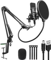 TRANSNECT® – USB Condensator Studio microfoon met Arm Schuimhoes - Schokdemping Popfilter - Zwart