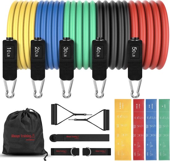 Foto: Always training designed by fitnation resistance band set fitness elastiek weerstandsbanden handvaten enkelbanden draagtas 11 stuks