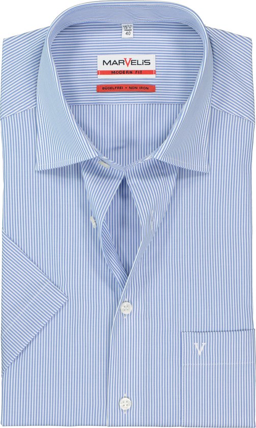 Chemise MARVELIS modern fit - manches courtes - rayé bleu-blanc - Sans repassage - Taille col : 40