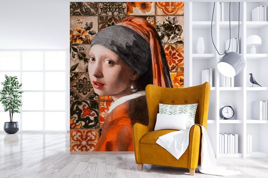 Papier Peint - Papiers Papier peint photo Vieux Maîtres - Jeune Fille à la Perle - Oranje - Zwart - Largeur 195 cm x hauteur 260 cm