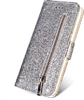 Hoesje geschikt voor Oppo A73 Glitter Bookcase met rits van LuxeBass - hoesje - portemonneehoesje - Zilver - telefoonhoes - gsm hoes - telefoonhoesjes